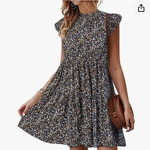 KIRUNDO Women's Sleeveless Ruffle Sleeve Round Neck Short Flowy Mini Dress